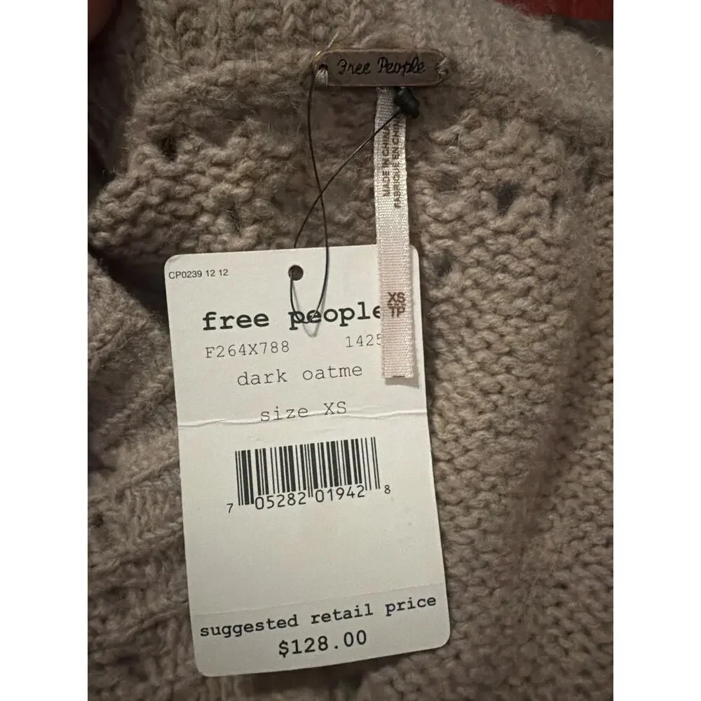 New Free People Knit Lace Panel Sweater Cardigan XS Beige Oatmeal Boho cottage